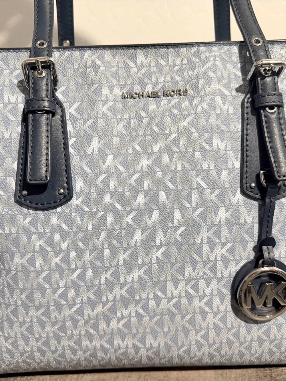 Michael Kors Light Blue MK Logo Tote with Navy Trim